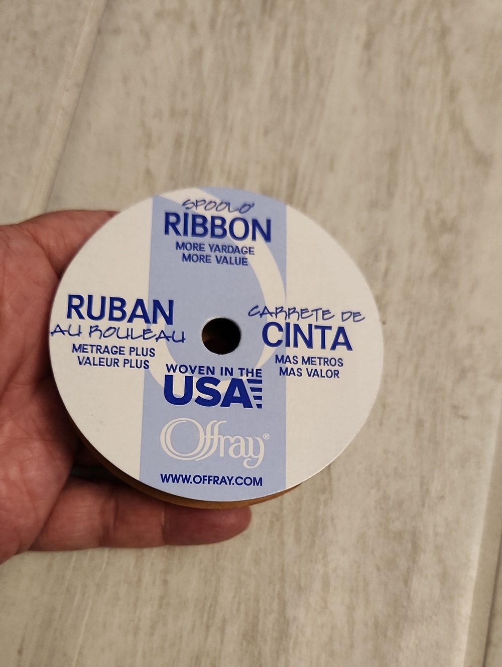 White & Light Blue Ribbon Spool - USA Woven
